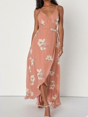 Lulu's All Mine Rusty Rose Floral Print High-Low Sleeveless Wrap Dress Size XS